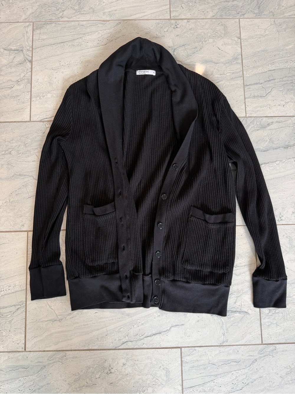 Stateside Black Button-Front Waffle Knit Cardigan